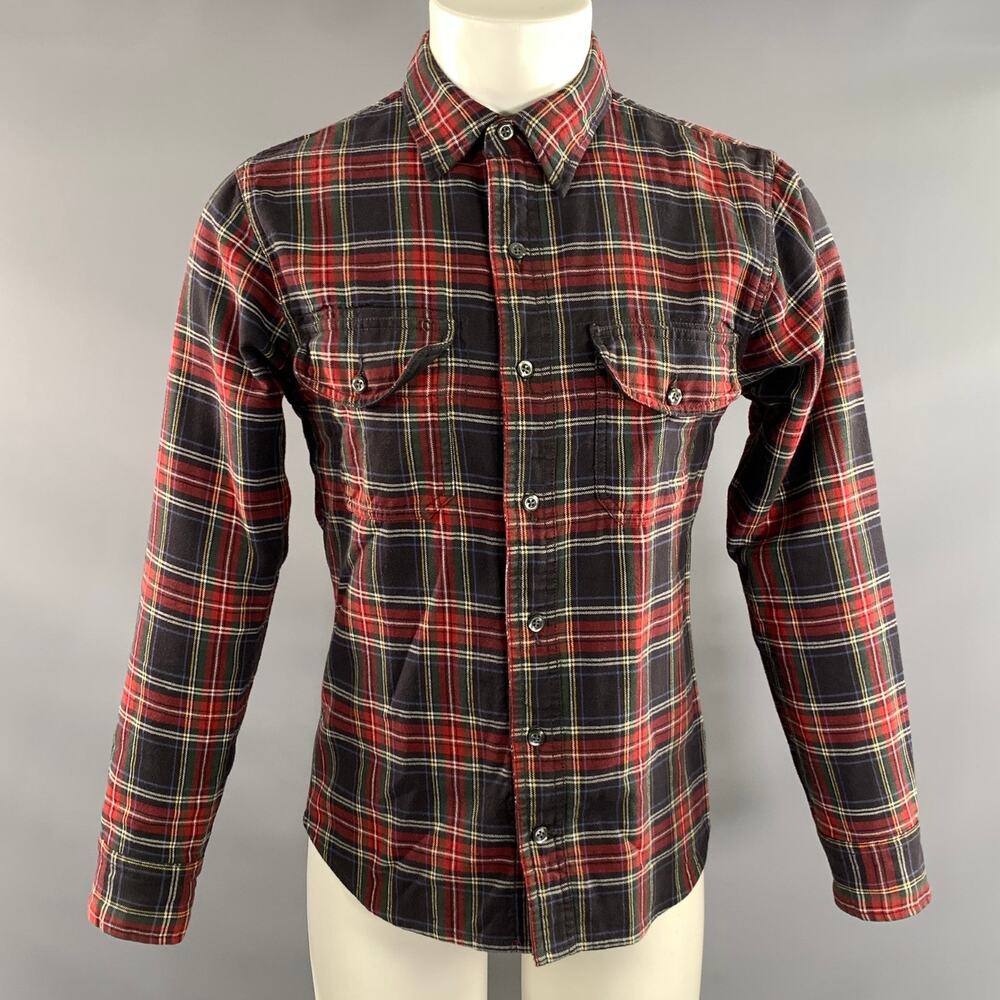 RELWEN Size M Red Blue multi Plaid Cotton Pointed Collar Long Sleeve Shirt
